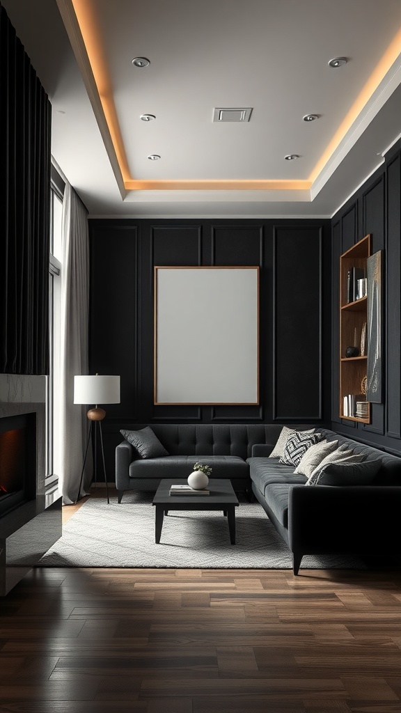 Elegant living room with black velvet sofa and black accent walls