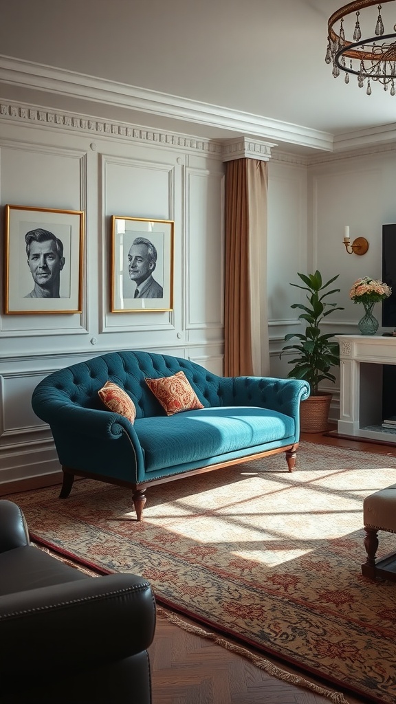 An elegant blue chaise lounge in a stylish living room with portraits and a plant.