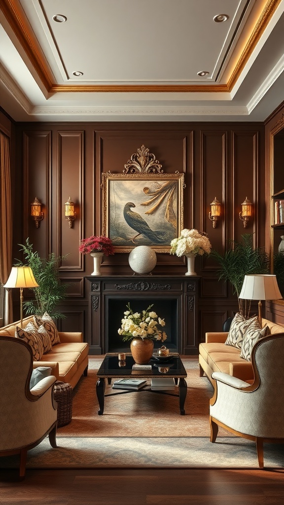 A cozy living room featuring rich brown walls, gold accents, elegant furniture, and decorative plants.