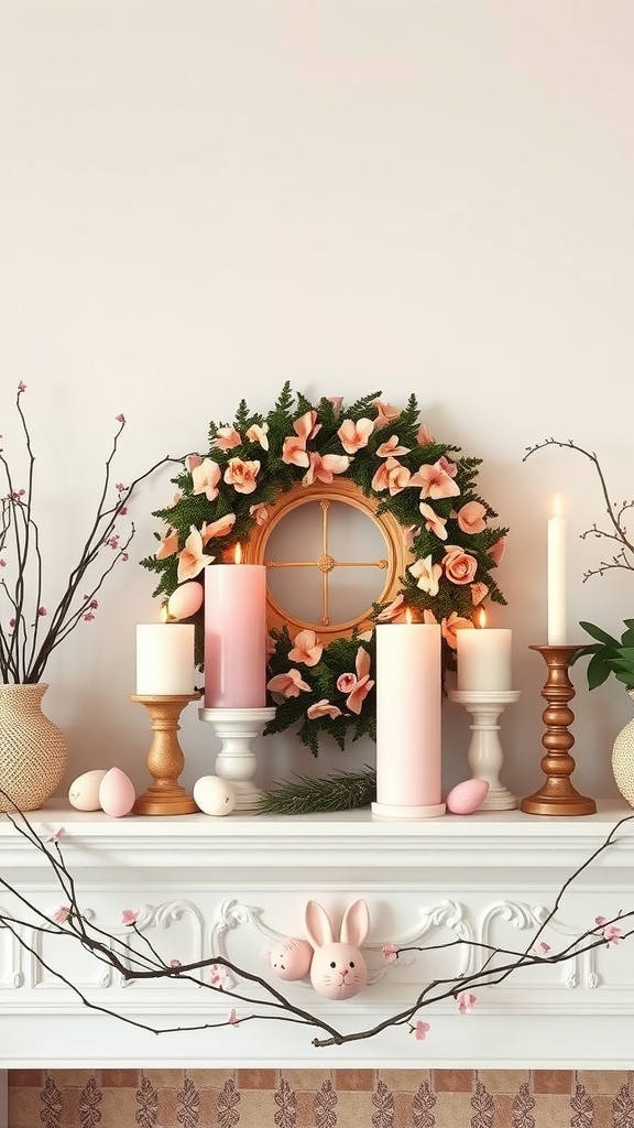 A beautifully arranged Easter mantel with candles, floral wreath, and decorative bunnies.