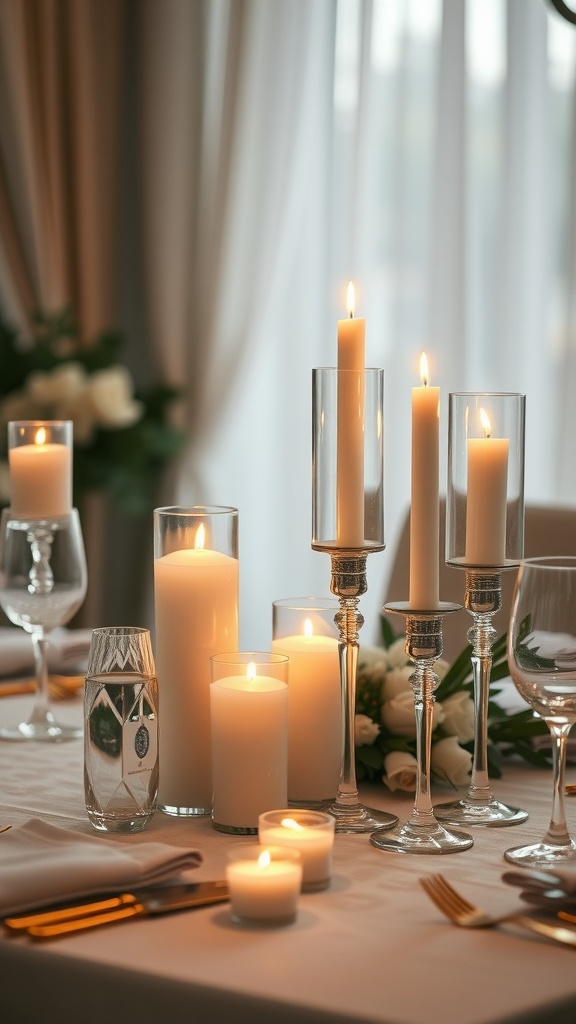 An elegant dinner table setting featuring various candles in glass holders, creating a warm atmosphere.