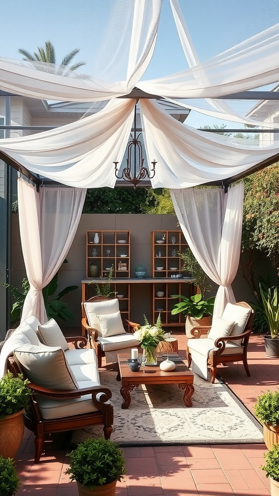 Elegant outdoor canopy seating area with drapes, wooden furniture, and plants