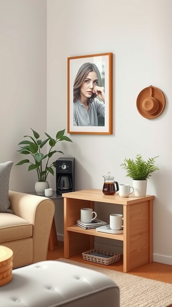 A cozy living room with a coffee station, featuring a wooden table, coffee maker, and plants, creating an elegant atmosphere.