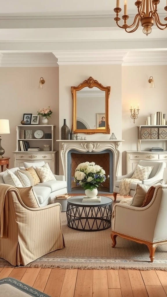 A cozy French country living room featuring soft beige and cream colors, elegant furniture, and a beautiful floral centerpiece.