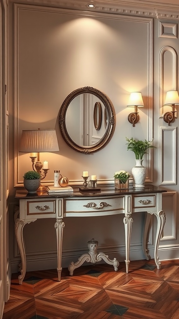 Elegant console table with decorative items, lamp, and mirror in a cozy living room corner