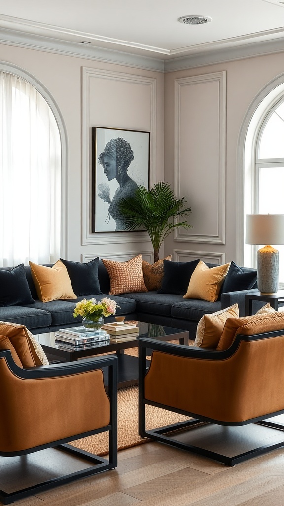 Elegant living room featuring a black sofa with tan pillows, sleek coffee table, and modern artwork, enhanced by natural light.