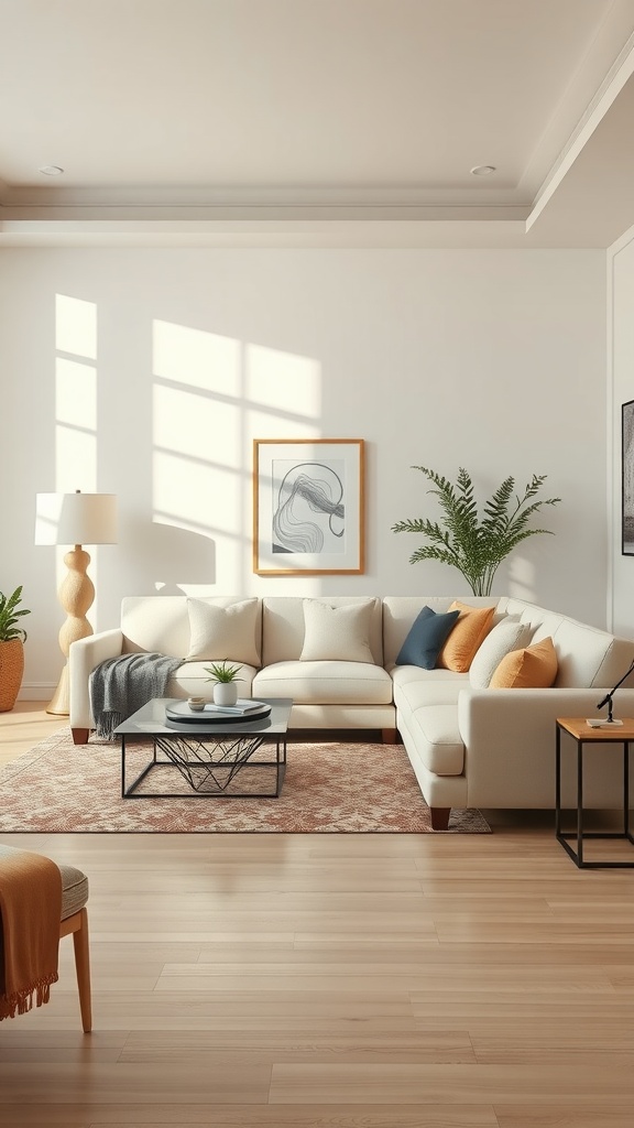 Living room with cream-colored sectional sofa, accent pillows, coffee table, and potted plant