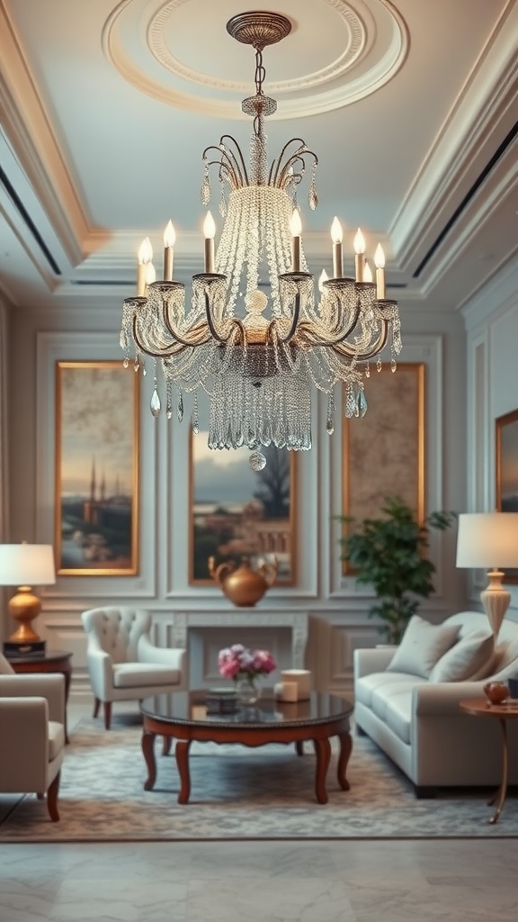 An elegant chandelier with crystal drapes hanging in a beautifully furnished living room.