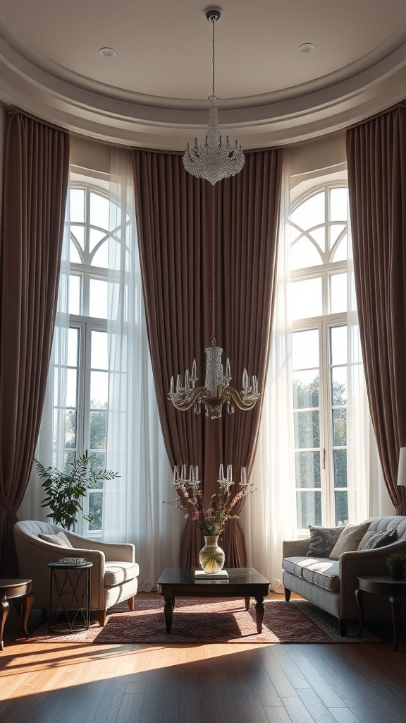 A formal living room featuring elegant brown curtains, sheer white drapery, a crystal chandelier, and stylish furnishings.