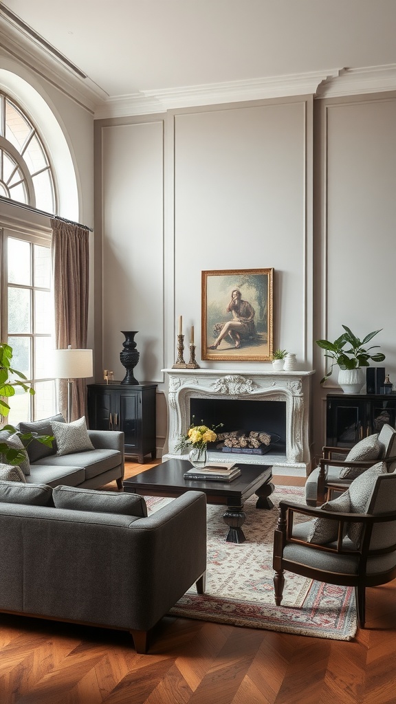 A living room featuring elegant dark wood furniture with a cozy arrangement.