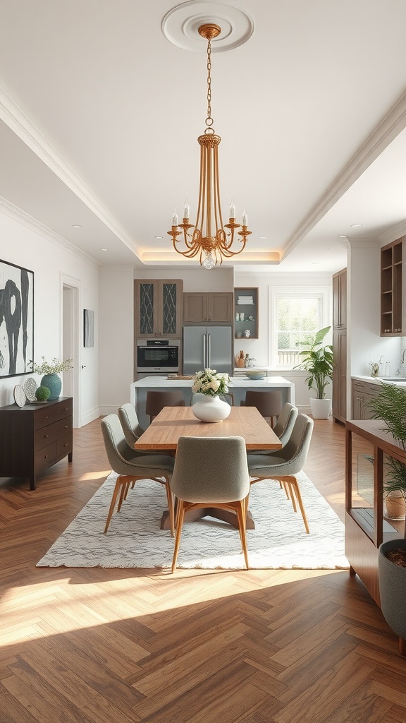 An elegant dining space featuring a wooden table surrounded by plush chairs, a chandelier above, and natural wood flooring.