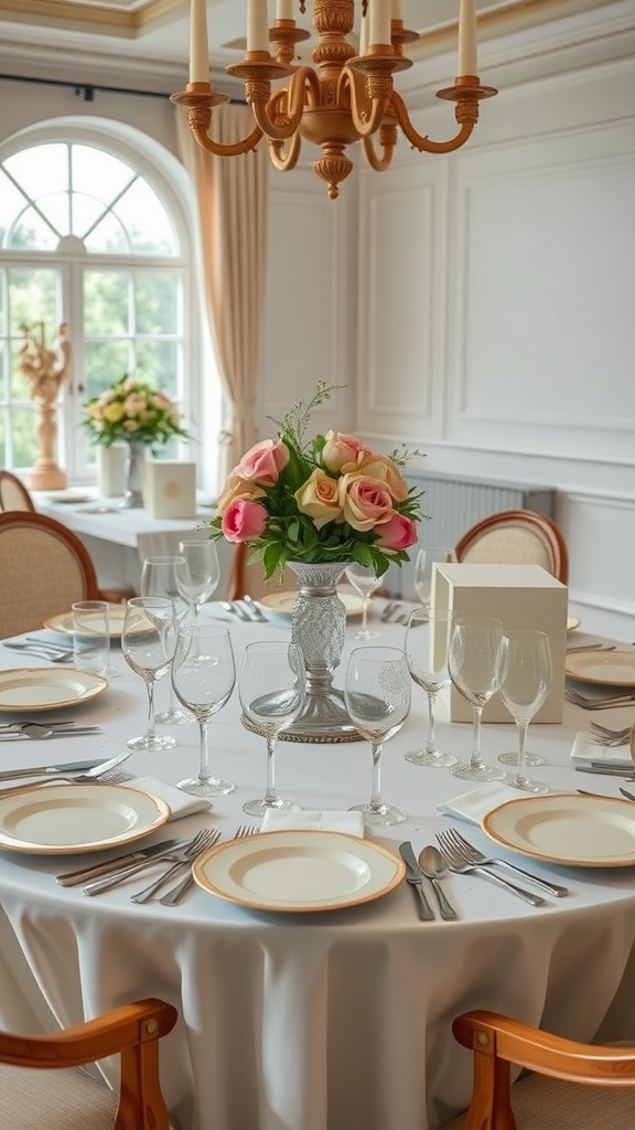 An elegant dining table setting with a floral centerpiece, fine china, and crystal glassware under a chandelier.