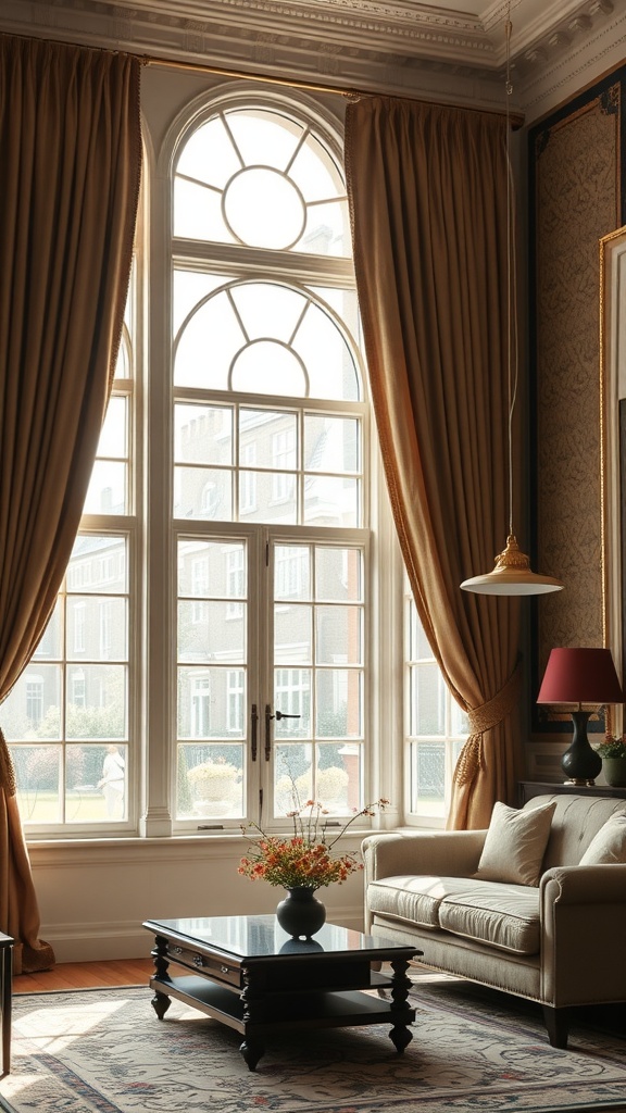 An elegantly decorated living room featuring large windows framed by rich golden draperies, a cozy sofa, and a stylish coffee table.