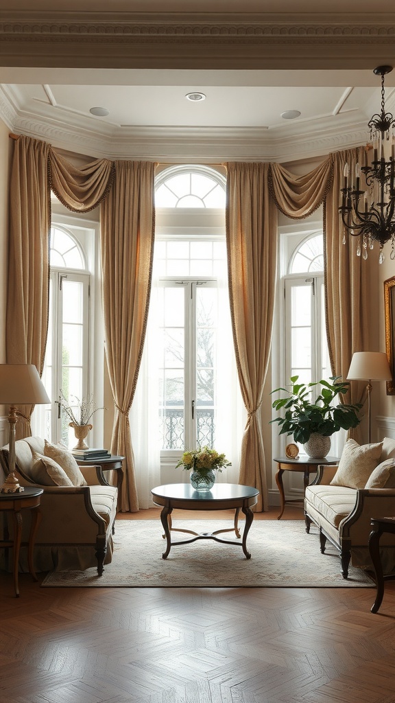 Elegant living room with large windows adorned with soft drapery, showcasing a cozy and stylish atmosphere.