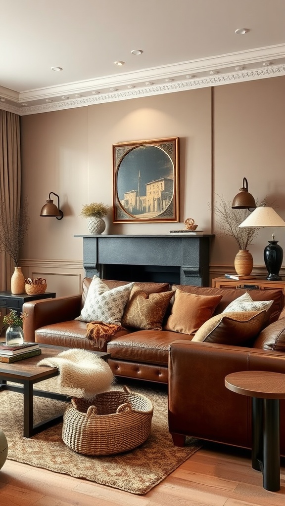 Cozy living room with brown leather sofa, earthy decor, and warm lighting.