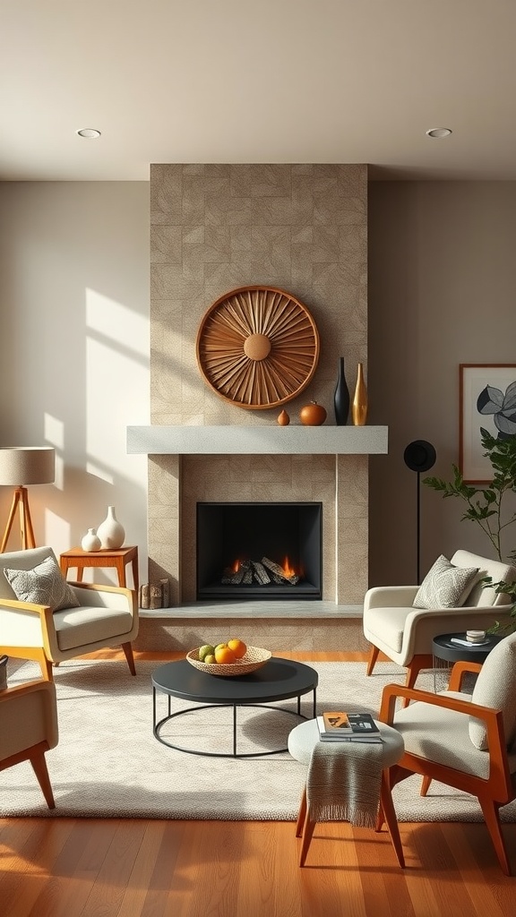 Elegant midcentury modern living room featuring a stylish fireplace and contemporary furniture.