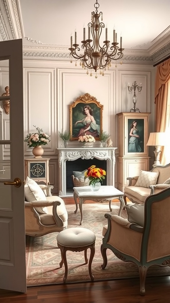 A cozy and elegant French country style living room with chandeliers, plush seating, and classical artwork.