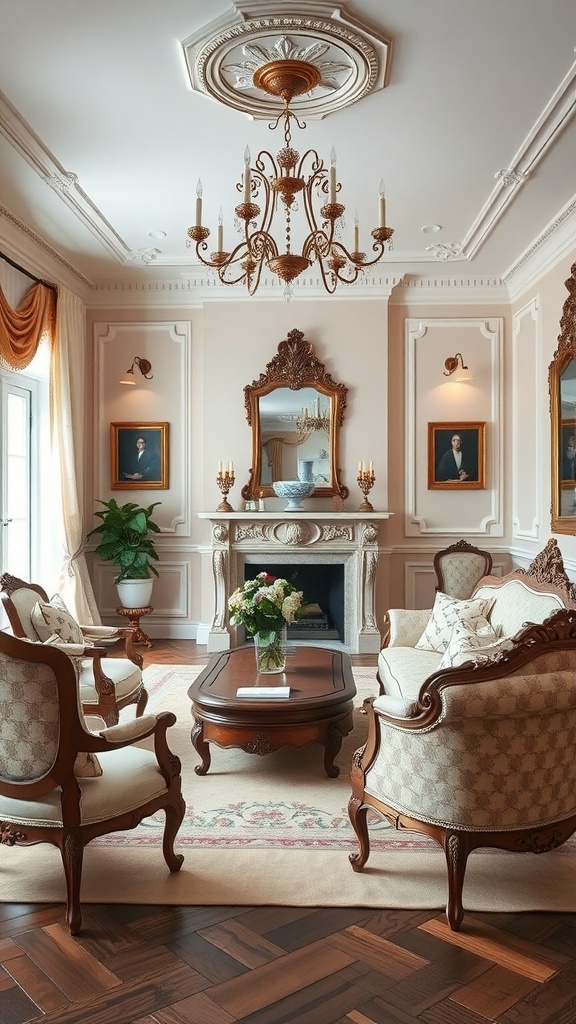 A beautifully designed French Provincial living room featuring elegant furniture, intricate ceiling details, and classic decor.