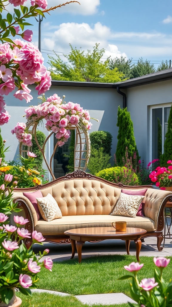 An elegant garden sofa set surrounded by colorful flowers and greenery.