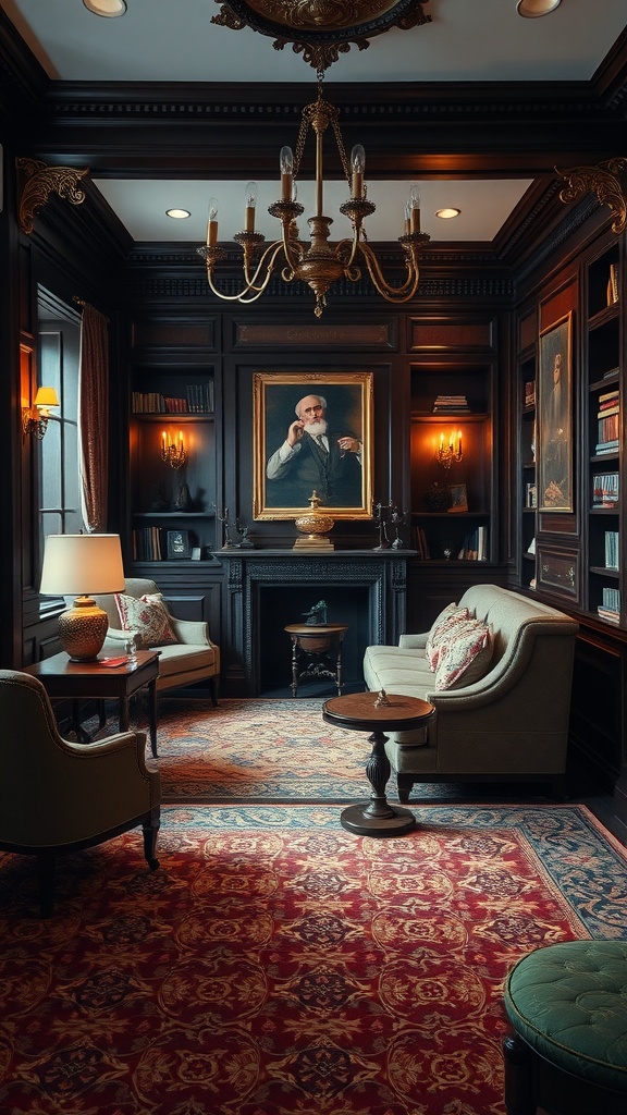 An elegant gentleman’s den featuring rich wooden paneling, plush seating, intricate carpet, and artwork on the walls.