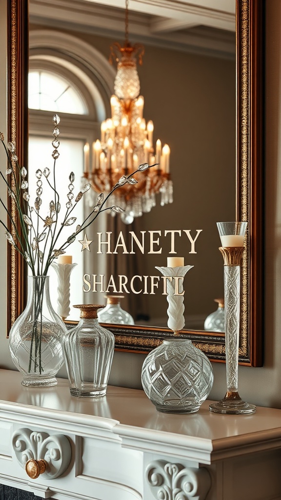 A beautifully decorated mantel with glass and crystal accents, featuring vases and candle holders reflecting sunlight.