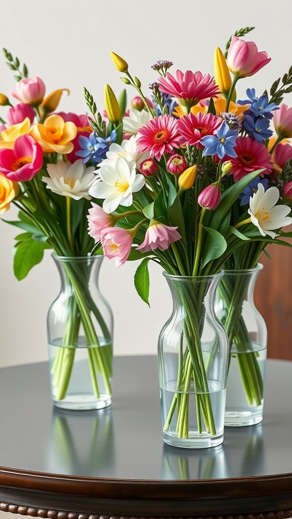 Three elegant glass vases filled with colorful fresh flowers on a round table