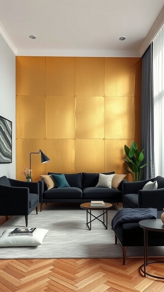 Living room featuring an elegant gold accent wall, black furniture, and a cozy atmosphere.