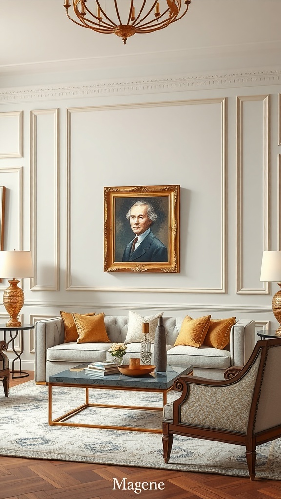 Elegant living room with gold wall art, featuring a framed portrait, soft furnishings, and sophisticated lighting.