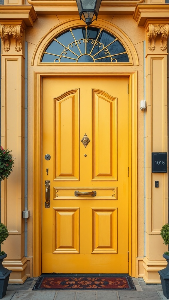 A golden yellow front door with brass fixtures, featuring an arched window and potted plants on either side.