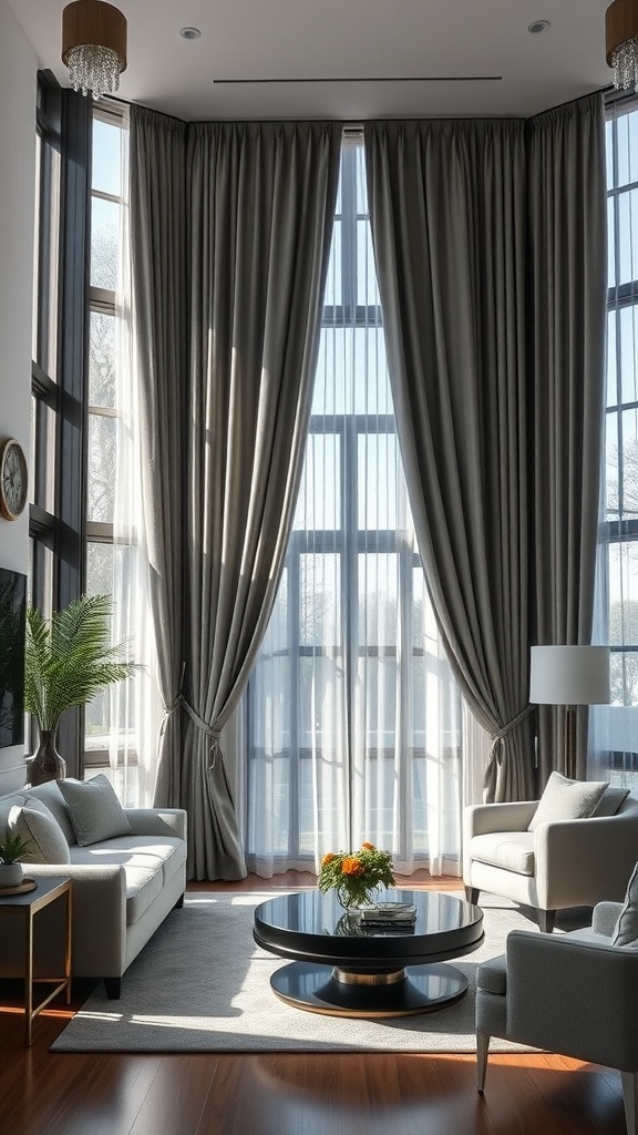 Stylish living room featuring elegant gray curtains, large windows, and modern furniture.