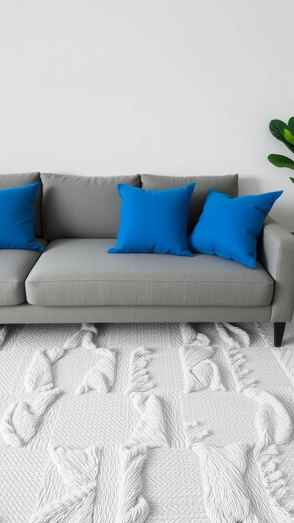 Elegant gray sofa with bright blue throw pillows and a textured white rug.