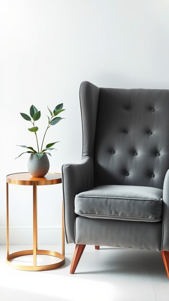 Elegant gray velvet armchair next to a gold side table with a potted plant