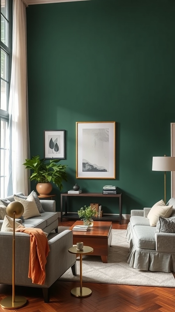 Living room featuring a deep green accent wall with gray sofas, a wooden coffee table, and decorative elements.