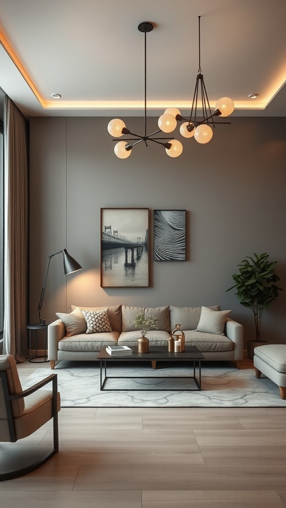 A stylish living room featuring grey and beige tones with modern lighting fixtures.