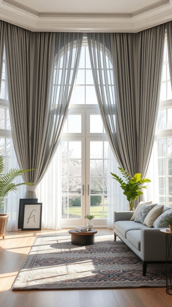 A bright living room featuring elegant grey drapes, large windows, and a cozy sofa.