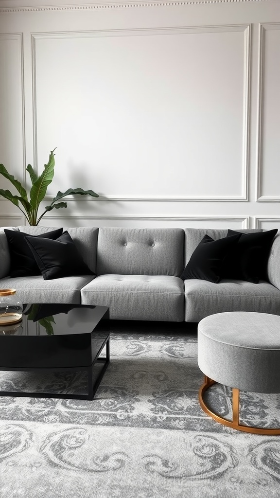 A modern living room featuring an elegant grey sofa with black pillows, a black coffee table, a round ottoman, and a touch of greenery.