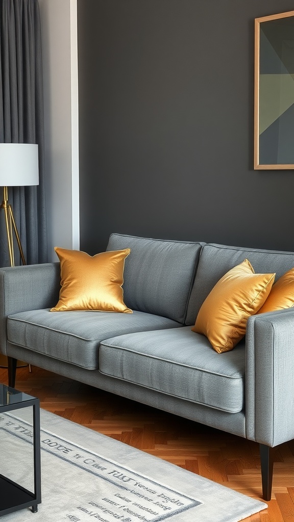 A grey sofa with golden accent pillows in a modern living room setting, featuring a dark wall and stylish lamp.