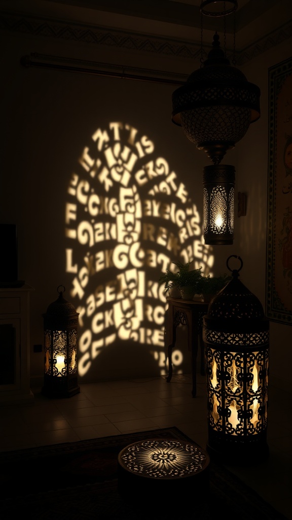 Elegant Moroccan lanterns casting intricate shadows on walls.