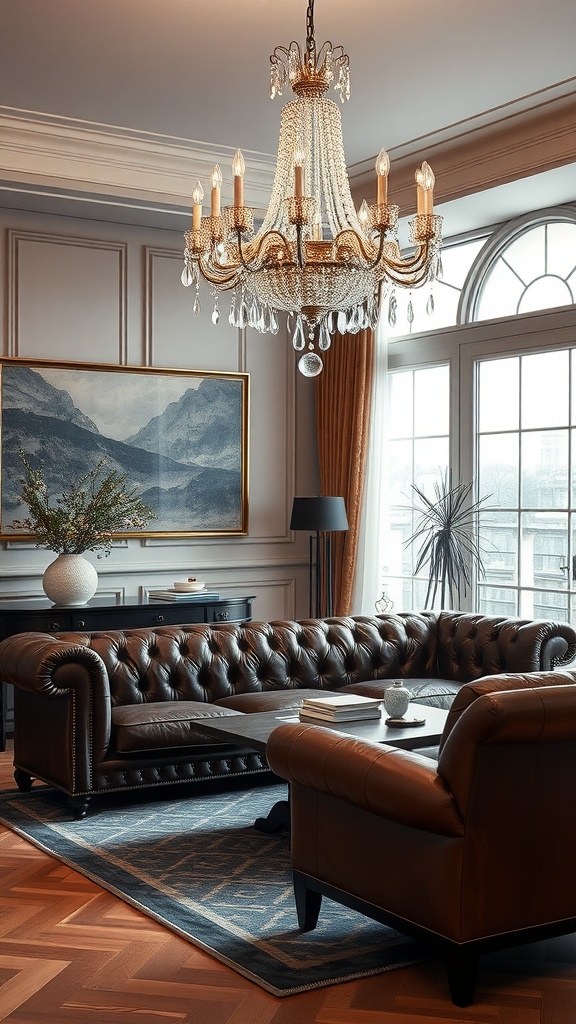 Elegant living room with leather sofa and crystal chandelier