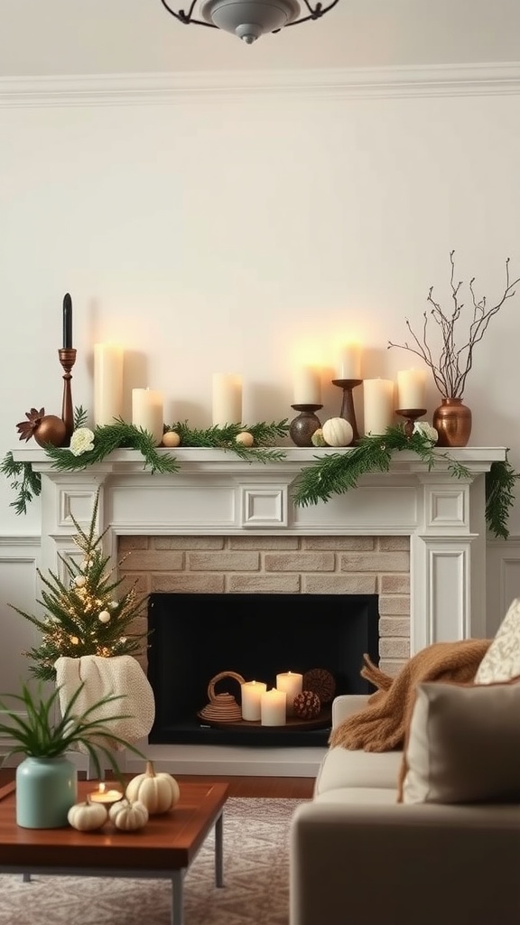 A farmhouse style living room with an elegantly decorated mantle featuring candles, greenery, and small pumpkins.