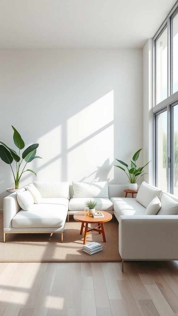 A bright and minimal living room featuring a white couch, wooden coffee table, and plants.