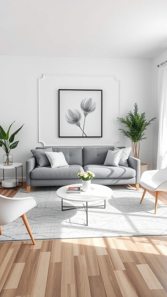 A stylish grey and white living room featuring a grey sofa, round coffee table, and decorative elements.