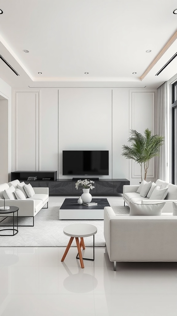 Elegant off-white living room with plush sofas, sleek furniture, and a stylish layout