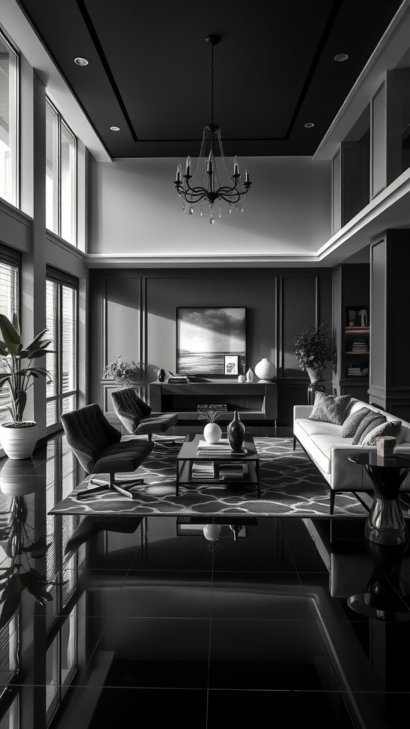 A stylish monochrome living room with black flooring, elegant furniture, and bright windows.