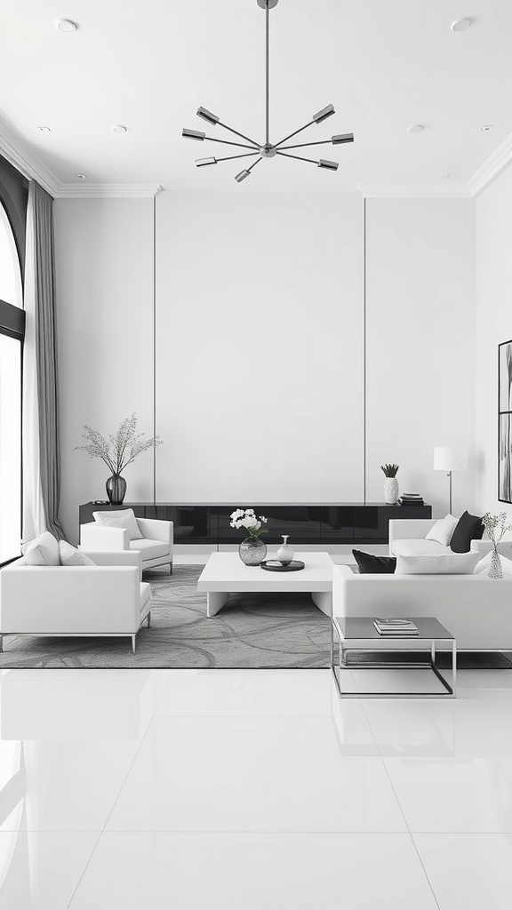 Elegant monochrome living room featuring white sofas, a stylish black console, and a gray area rug.