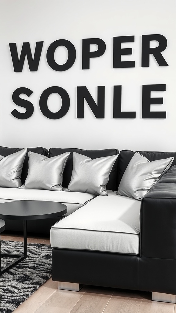 A modern living room featuring a black and white sofa with silver pillows, a black round coffee table, and bold letters on the wall.