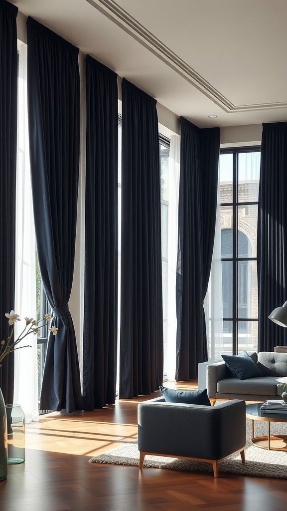 Living room with elegant navy curtains framing large windows.