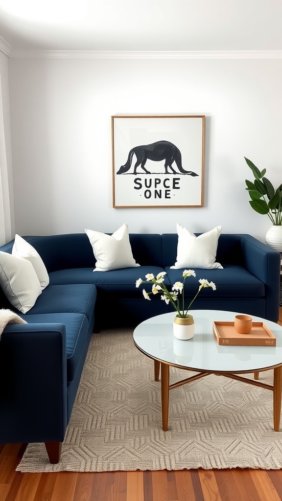 Living room featuring a navy sofa with white pillows, a geometric rug, and a glass coffee table.