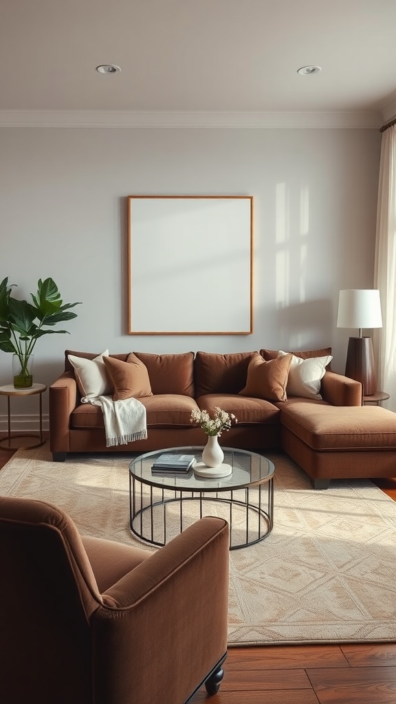 A cozy living room featuring a brown sectional couch, light gray walls, a glass coffee table, and a potted plant.