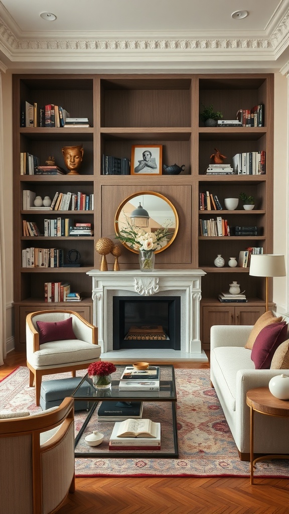 Living room with elegant open shelving, displaying books and decorative items, featuring a fireplace and stylish seating